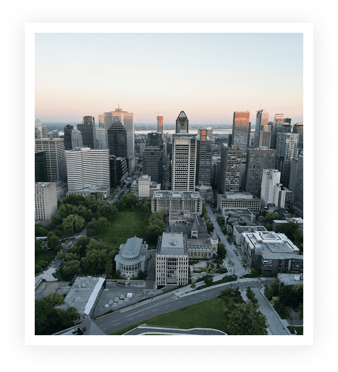 Aerial view of downtown Montreal at sunset.