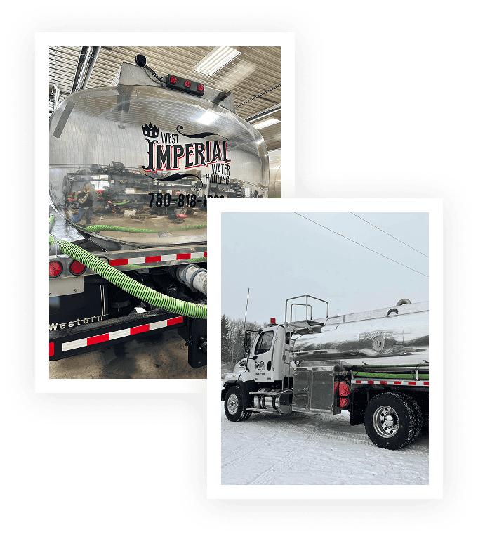 Two images of a water hauling truck.