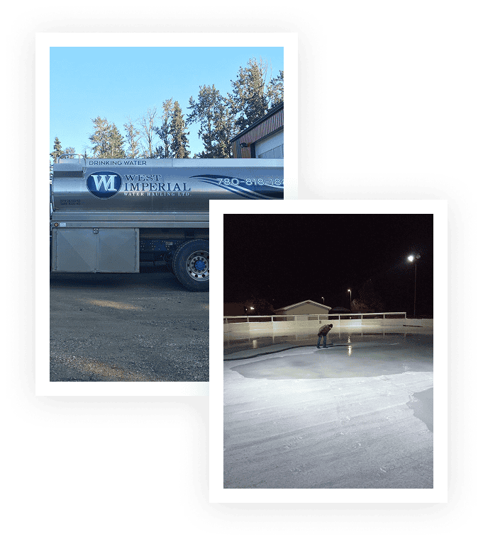 Water delivery truck beside an ice rink.