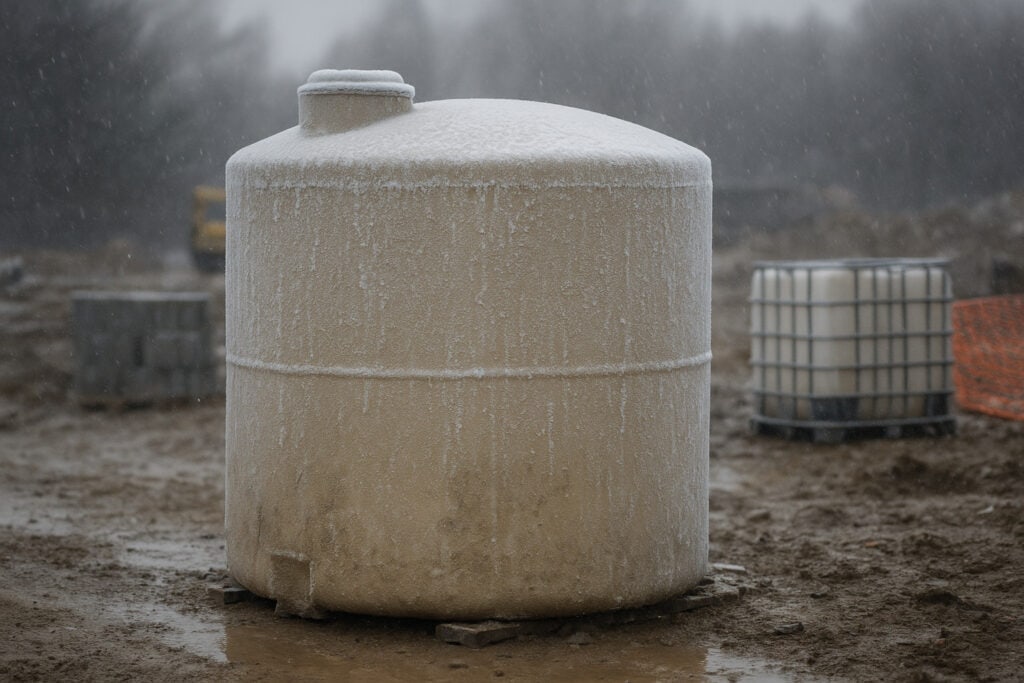 Frost-covered storage tank in a muddy construction site.