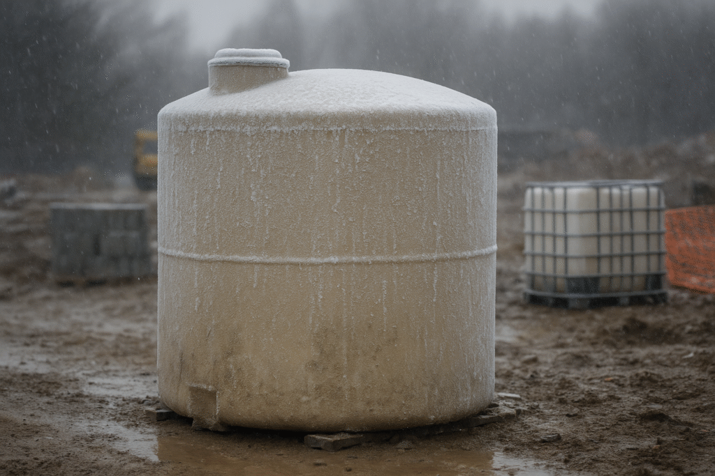 Frost-covered storage tank in a muddy construction site.