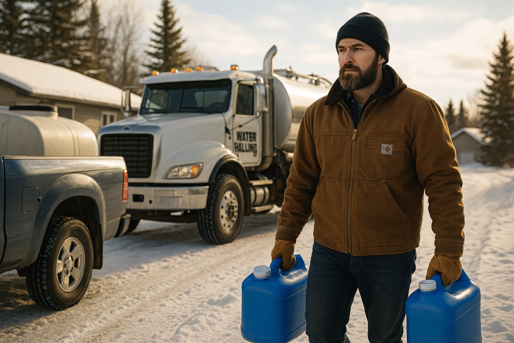 Man carrying water jugs in snowy landscape.