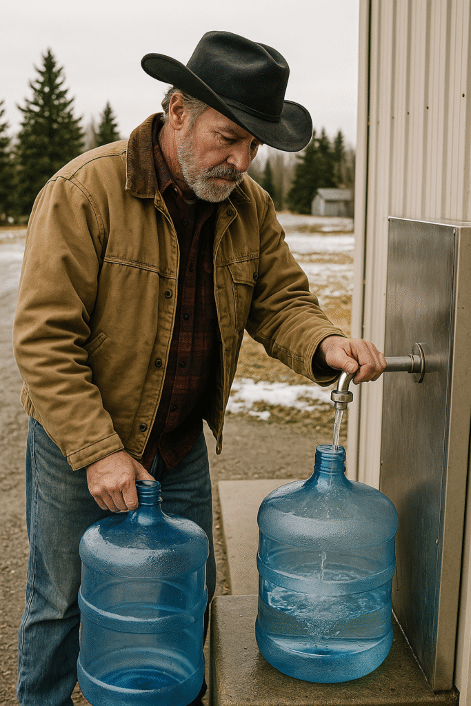 Man filling water bottles outdoors in winter